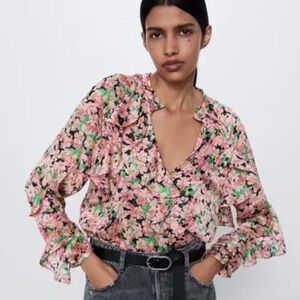 Zara Pink and Red Ruffled Notched Collar Blouse
